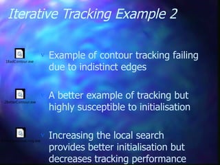 Iterative Tracking Example 2
 Example of contour tracking failing
due to indistinct edges
 A better example of tracking but
highly susceptible to initialisation
 Increasing the local search
provides better initialisation but
decreases tracking performance
1BadContour.exe
2BetterContour.exe
4TraceScanLineLong.exe
 