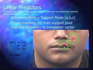 Linear Predictors
(Robust Facial Feature Tracking using Shape Constrained Multi Resolution Selected
Linear Predictors, Ong et al)
a
c
b Y
P= [ Ia – I'a,
Ib – I'b,
lc – I'c ]
X = HP
 Reference Point + Support Pixels (a,b,c)
 Linear mapping (H) from support pixel
intensity difference to translation vector
 