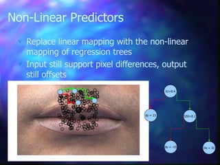 Non-Linear Predictors
 Replace linear mapping with the non-linear
mapping of regression trees
 Input still support pixel differences, output
still offsets
S1<0.4
dy = 23 S50<0.1
Dy = 32dy = -10
 
