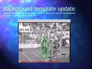 Background template update
(Mutual information for Lucas Kanade tracking (MILK): An inverse compositional
formulation, Dowson et al, PAMI 08)
 