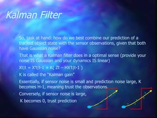 Kalman Filter
 So, task at hand: how do we best combine our prediction of a
tracked object state with the sensor observations, given that both
have Gaussian noise?
 That is what a Kalman filter does in a optimal sense (provide your
noise IS Gaussian and your dynamics IS linear)
 Xt|t = X’t|t-1 + K( Zt – HX’t|t-1 )
 K is called the “Kalman gain”
 Essentially, if sensor noise is small and prediction noise large, K
becomes H-1, meaning trust the observations.
 Conversely, if sensor noise is large,
K becomes 0, trust prediction
 