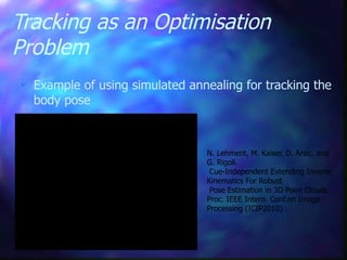 Tracking as an Optimisation
Problem
 Example of using simulated annealing for tracking the
body pose
N. Lehment, M. Kaiser, D. Arsic, and
G. Rigoll.
Cue-Independent Extending Inverse
Kinematics For Robust
Pose Estimation in 3D Point Clouds.
Proc. IEEE Intern. Conf.on Image
Processing (ICIP2010)
 