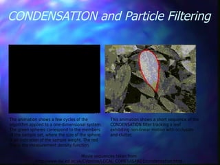 CONDENSATION and Particle Filtering
The animation shows a few cycles of the
algorithm applied to a one-dimensional system.
The green spheres correspond to the members
of the sample set, where the size of the sphere
is an indication of the sample weight. The red
line is the measurement density function.
This animation shows a short sequence of the
CONDENSATION filter tracking a leaf
exhibiting non-linear motion with occlusion
and clutter.
Movie sequences taken from
http://www.dai.ed.ac.uk/CVonline/LOCAL_COPIES/ISARD1/condensation.html
 