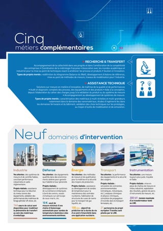 Cinq 
métiers­complémentaires 
Recherche & transfert 
Accompagnement de la collectivité dans ses progrès et dans l’amélioration de la compétitivité 
des entreprises • Coordination de la métrologie française • Association avec les mondes académique et 
industriel pour la mise au point de techniques visant à améliorer les process et produits • Soutien à l’innovation. 
Types de projets menés : redéfinition du kilogramme (balance du Watt), développement d’étalons de référence, 
mise au point de méthodes de mesure, travaux de modélisation pour l’industrie. 
Assistance technique 
Solutions sur mesure en matière d’innovation, de maîtrise de la qualité et de performances 
• Audit et diagnostic complets des process, des équipements et des produits • Aide à la conception, 
depuis l’élaboration du cahier des charges jusqu’à la validation du produit ou du système de mesure 
• Accompagnement au développement de systèmes de mesure. 
Types de projets menés : caractérisation des matériaux à multi-échelles et multi-grandeurs 
notamment dans le domaine des nanomatériaux, études d’ingénierie feu dans 
les domaines ferroviaire et du bâtiment, validation des choix techniques sur les prototypes, 
au moyen d’outils de modélisation et de simulation. 
Industrie 
Vos attentes : des systèmes de 
mesure et de contrôle fiables, 
conciliant performance 
industrielle et cadre 
réglementaire. 
Projets réalisés : assistance 
technique pour la réduction 
du niveau sonore des 
équipements, validation des 
performances des matériaux de 
forage pétrolier off-shore, etc. 
144 coeurs de calcul sont 
disponibles pour modéliser 
le phénomène de transfert 
au sein des matériaux 
d’emballage. 
Défense 
Vos attentes : des équipements 
qualifiés dans des environne-ments 
sévères pour garantir 
leur fiabilité et leur pérennité. 
Projets réalisés : 
développement de systèmes 
de surveillance embarqués 
à bord des avions, essais 
climatiques sur périscope 
de sous-marin, etc. 
10 K : seuil de 
mesure minimal d’une 
chaîne d’étalonnage 
automatisée pour sondes de 
température destinées à des 
environnements extrêmes. 
énergie 
Vos attentes : des méthodes 
de mesure et de qualification 
pour la maîtrise et la sécurité 
des moyens de production. 
Projets réalisés : assistance 
au développement de sondes 
de température pour la 
maintenance des centrales 
nucléaires, fiabilisation de 
structures de cuves de navire 
pour le transport de gaz 
liquéfié, etc. 
100 ans : objectif de 
prédiction de la durée de vie 
d’un joint d’étanchéité dans 
une application nucléaire. 
Transport 
Vos attentes : la performance 
des équipements et la sécurité 
des usagers. 
Projets réalisés : 
simulation de contraintes 
environnementales 
(climatiques, mécaniques, 
etc.), analyses chimiques 
et physico-chimiques, 
simulation de propagation 
d’incendie dans le transport 
ferroviaire, etc. 
21 partenaires du projet 
européen Transfeu sont 
pilotés par le LNE. 
Instrumentation 
Vos attentes : une mesure 
toujours plus juste, traçable 
et fiable. 
Projets réalisés : mise en 
place de chaînes de mesure en 
milieu industriel, exploitation 
des résultats, gestion de parcs 
d’instruments de mesure, etc. 
300 kV : tension maximale 
d’un transformateur testé 
au LNE. 
Neuf domaines d’intervention 
 
