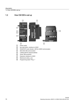 Description
1.2 How CM EIB is set up
CM EIB
10 Operating Instructions, 09/2010, J31069-D1262-U003-A2-7618
1.2 How CM EIB is set up
① Power supply
② Bus slide switch, interface to LOGO!
③ RUN/STOP mode indicator, LED for LOGO! communication
④ BUS LED, EIB communication
⑤ Labeling field for physical address
⑥ Inputs, EIB connection
⑦ Expansion interface to LOGO!
⑧ Mechanical coding - pins
⑨ Programming button Prog ↓
 