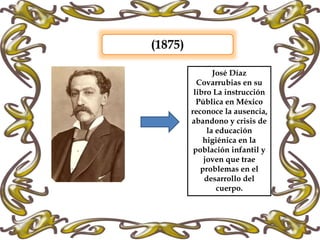 (1875)
José Díaz
Covarrubias en su
libro La instrucción
Pública en México
reconoce la ausencia,
abandono y crisis de
la educación
higiénica en la
población infantil y
joven que trae
problemas en el
desarrollo del
cuerpo.
 