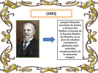(1882)
Joaquín Baranda,
secretario de Justica
e Instrucción
Pública: Creación de
la Escuela Modelo
de Orizaba, en su
plan de estudios
consideró la
gimnasia como
actividad
complementaria de
la educación
integral.
 