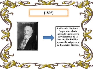 (1896)
La Escuela Nacional
Preparatoria bajo
tutela de Justo Sierra
subsecretario de la
Instrucción Pública
aparece la asignatura
de Ejercicios Físicos.
 