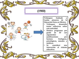 (1900)
Velázquez Andrade y
Landa, pioneros de la
Educación física en México.
• Velázquez desarrollo
textos reflexivos sobre
esta actividad.
• Destaca programas por
grado de EF con
argumentos y
justificaciones por
factores biológicos,
psicológicos, morales y
médicos.
• Se consideró una
innovación al sistema
educativo.
 