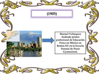 (1905)
Manuel Velázquez
Andrade primer
profesional de Educación
Física en México en
Boston EU en la Escuela
Normal de Posse
Gymnasium.
 