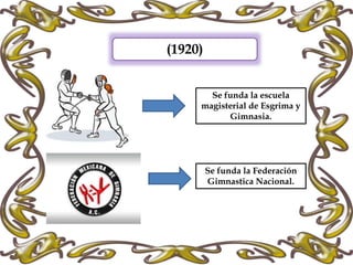 (1920)
Se funda la escuela
magisterial de Esgrima y
Gimnasia.
Se funda la Federación
Gimnastica Nacional.
 