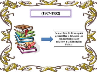 (1907-1952)
Se escriben 64 libros para
desarrollar y difundir los
conocimientos con
relación a la Educación
Física.
 