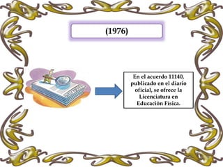 (1976)
En el acuerdo 11140,
publicado en el diario
oficial, se ofrece la
Licenciatura en
Educación Física.
 