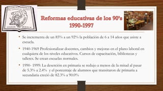 • Se incrementa de un 85% a un 92% la población de 6 a 14 años que asiste a
escuela.
• 1940-1969 Profesionalizar docentes, cambios y mejoras en el plano laboral en
cualquiera de los niveles educativos. Cursos de capacitación, bibliotecas y
talleres. Se crean escuelas normales.
• 1990- 1999: La deserción en primaria se redujo a menos de la mitad al pasar
de 5.3% a 2.4% y el porcentaje de alumnos que transitaron de primaria a
secundaria creció de 82.3% a 90.0%
 