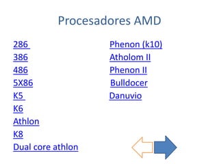 Procesadores AMD
286 Phenon (k10)
386 Atholom II
486 Phenon II
5X86 Bulldocer
K5 Danuvio
K6
Athlon
K8
Dual core athlon
 