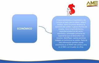 ECONÓMICO
El tema económico es importante si de
turismo se trata, para el efecto deberá
analizar cómo el turismo dinamiza la
economía del cantón, si genera fuentes de
empleo, micro emprendimientos,
capacidad productiva del sector
económico, actividades primarias en
especial las que se desarrollan con
recursos. Identifique cuantas personas
trabajan en turismo en su cantón. Parte de
esta información también puede
encontrarla en el PDYOT del cantón y otra
en el INEC o en Ecuador en cifras.
 