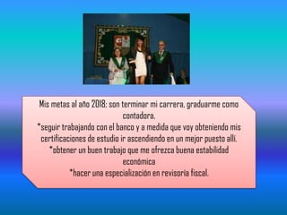 Mis metas al año 2018; son terminar mi carrera, graduarme como
contadora.
*seguir trabajando con el banco y a medida que voy obteniendo mis
certificaciones de estudio ir ascendiendo en un mejor puesto allí.
*obtener un buen trabajo que me ofrezca buena estabilidad
económica
*hacer una especialización en revisoría fiscal.
 