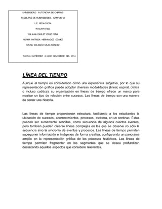 UNIVERSIDAD AUTÓNÓMA DE CHIAPAS 
FACULTAD DE HUMANIDADES, CAMPUS VI 
LIC. PEDAGOGÍA 
INTEGRANTES: 
YULIANA CARLET CRUZ PEÑA 
NORMA PATRICIA HERNÁNDEZ GÓMEZ 
MARIA SOLEDAD MAZA MÉNDEZ 
TUXTLA GUTIÉRREZ A 24 DE NOVIEMBRE DEL 2014 
LÍNEA DEL TIEMPO 
Aunque el tiempo es considerado como una experiencia subjetiva, por lo que su 
representación gráfica puede adoptar diversas modalidades (lineal, espiral, cíclica 
o incluso caótica), su organización en líneas de tiempo ofrece un marco para 
mostrar un tipo de relación entre sucesos. Las líneas de tiempo son una manera 
de contar una historia. 
Las líneas de tiempo proporcionan estructura, facilitando a los estudiantes la 
ubicación de sucesos, acontecimientos, procesos, etcétera, en un continuo. Éstas 
pueden ser sumamente sencillas, como secuencia de algunos cuantos eventos, 
pero también pueden crearse líneas complejas en las que se observe no sólo la 
secuencia sino la sincronía de eventos y procesos. Las líneas de tiempo permiten 
superponer información e imágenes de forma creativa, configurando un panorama 
amplio en la representación gráfica de los procesos históricos. Las líneas de 
tiempo permiten fragmentar en los segmentos que se desea profundizar, 
destacando aquellos aspectos que considere relevantes. 
 