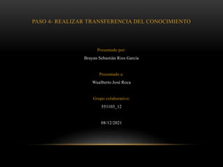 PASO 4- REALIZAR TRANSFERENCIA DEL CONOCIMIENTO
Presentado por:
Brayan Sebastián Rios García
Presentado a:
Wualberto José Roca
Grupo colaborativo:
551103_12
08/12/2021
 