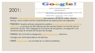 2001:
◦ Enero: Anunciamos la contratación del veterano de Silicon Valley, Wayne
Rosing, como nuestro primer vicepresidente de operaciones de ingeniería.

◦ Febrero: Nuestra primera adquisición pública: el servicio de discusión usenet de
Deja.com, un archivo de 500 millones de discusiones Usenet con fechas que se
remontan al año 1995. Agregamos funciones de búsqueda y navegación y las
lanzamos bajo el nombre de Grupos de Google.

◦ Marzo: Eric Schmidt es designado gerente de la junta directiva.
◦ Google.com está disponible en 26 idiomas.

◦ Abril: El chef sueco se convierte en un idioma preferido.

 