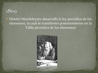 <ul><li>Dimitri Mendeleyeev desarrolló la ley periódica de los elementos, la cual se transformó posteriormente en la Tabla...