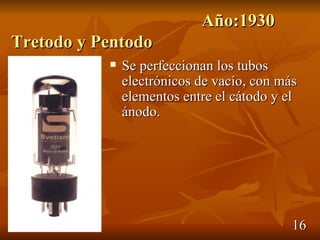 Año:1930
Tretodo y Pentodo
              Se perfeccionan los tubos
               electrónicos de vacío, con más
               elementos entre el cátodo y el
               ánodo.




                                            16
 
