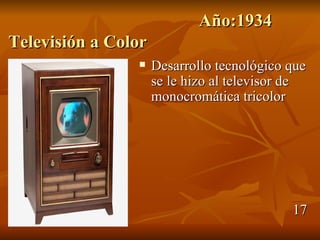 Año:1934
Televisión a Color
                    Desarrollo tecnológico que
                     se le hizo al televisor de
                     monocromática tricolor




                                            17
 