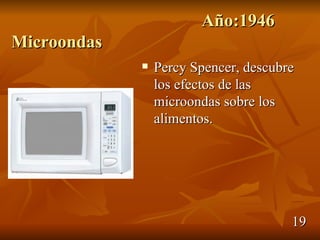 Año:1946
Microondas
                Percy Spencer, descubre
                 los efectos de las
                 microondas sobre los
                 alimentos.




                                       19
 