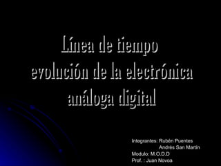 Línea de tiempo
evolución de la electrónica
      análoga digital
                Integrantes: Rubén Puentes
                             Andrés San Martín
                Modulo: M.O.D.D
                Prof. : Juan Novoa
 