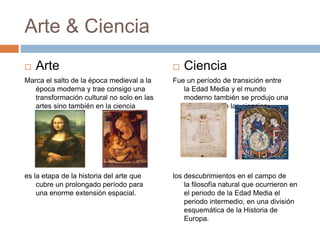 Arte & Ciencia
 Arte
Marca el salto de la época medieval a la
época moderna y trae consigo una
transformación cultural no solo en las
artes sino también en la ciencia
es la etapa de la historia del arte que
cubre un prolongado período para
una enorme extensión espacial.
 Ciencia
Fue un período de transición entre
la Edad Media y el mundo
moderno también se produjo una
renovación en las ciencias
los descubrimientos en el campo de
la filosofía natural que ocurrieron en
el periodo de la Edad Media el
periodo intermedio, en una división
esquemática de la Historia de
Europa.
 