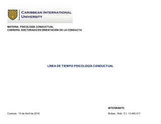 MATERIA: PSICOLOGÍA CONDUCTUAL
CARRERA: DOCTORADO EN ORIENTACIÓN DE LA CONDUCTA
LÍNEA DE TIEMPO PSICOLOGÍA CONDUCTUAL
INTEGRANTE:
Caracas, 15 de Abril de 2016 Bolívar, Rubí C.I. 13.465.317
 