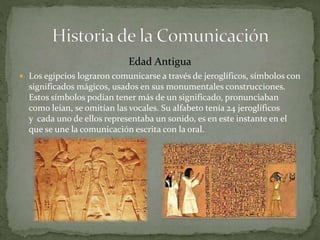 Edad Antigua 
 Los egipcios lograron comunicarse a través de jeroglíficos, símbolos con 
significados mágicos, usados en sus monumentales construcciones. 
Estos símbolos podían tener más de un significado, pronunciaban 
como leían, se omitían las vocales. Su alfabeto tenía 24 jeroglíficos 
y cada uno de ellos representaba un sonido, es en este instante en el 
que se une la comunicación escrita con la oral. 
 