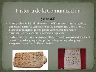 5.000 a.C 
 Fue el pueblo fenicio el primero en modificar la escritura jeroglífica, 
comenzaron a introducir caracteres independientes, y formaron un 
alfabeto de 22 signos, que no poseía vocales, era netamente 
consonántico y se escribía de derecha a izquierda. 
 Los historiadores, aseguran que el alfabeto creado por los fenicios fue el 
que utilizaron los griegos tiempo después, puesto que los griegos 
agregaron las vocales al alfabeto fenicio. 
 
