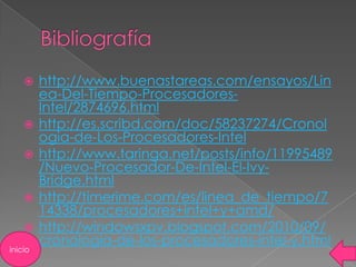     http://www.buenastareas.com/ensayos/Lin
         ea-Del-Tiempo-Procesadores-
         Intel/2874696.html
        http://es.scribd.com/doc/58237274/Cronol
         ogia-de-Los-Procesadores-Intel
        http://www.taringa.net/posts/info/11995489
         /Nuevo-Procesador-De-Intel-El-Ivy-
         Bridge.html
        http://timerime.com/es/linea_de_tiempo/7
         14338/procesadores+intel+y+amd/
        http://windowsxpv.blogspot.com/2010/09/
         cronologia-de-los-procesadores-intel-y.html
inicio
 