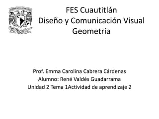 FES Cuautitlán
Diseño y Comunicación Visual
Geometría
Prof. Emma Carolina Cabrera Cárdenas
Alumno: René Valdés Guadarrama
Unidad 2 Tema 1Actividad de aprendizaje 2