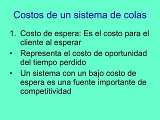 Costos de un sistema de colas Costo de espera: Es el costo para el cliente al esperar Representa el costo de oportunidad del tiempo perdido Un sistema con un bajo costo de espera es una fuente importante de competitividad 
