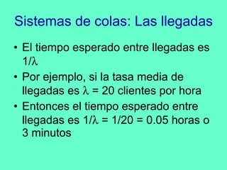 Sistemas de colas: Las llegadas El tiempo esperado entre llegadas es 1/  Por ejemplo, si la tasa media de llegadas es    = 20 clientes por hora Entonces el tiempo esperado entre llegadas es 1/   = 1/20 = 0.05 horas o 3 minutos 