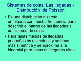 Sistemas de colas: Las llegadas - Distribución  de Poisson Es una distribución discreta empleada con mucha frecuencia para describir el patrón de las llegadas a un sistema de colas Para tasas medias de llegadas pequeñas es asimétrica y se hace más simétrica y se aproxima a la binomial para tasas de llegadas altas 