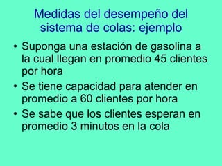 Medidas del desempeño del sistema de colas: ejemplo Suponga una estación de gasolina a la cual llegan en promedio 45 clientes por hora Se tiene capacidad para atender en promedio a 60 clientes por hora Se sabe que los clientes esperan en promedio 3 minutos en la cola 