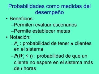 Probabilidades como medidas del desempeño Beneficios: Permiten evaluar escenarios Permite establecer metas Notación: P n  : probabilidad de tener  n  clientes en el sistema P ( W s   ≤  t ) : probabilidad de que un cliente no espere en el sistema más de  t  horas 