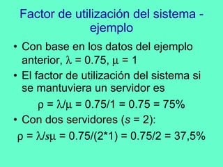 Factor de utilización del sistema - ejemplo Con base en los datos del ejemplo anterior,    = 0.75,    = 1 El factor de utilización del sistema si se mantuviera un servidor es    =   /   = 0.75/1 = 0.75 = 75% Con dos servidores ( s  = 2):    =   / s   = 0.75/(2*1) = 0.75/2 = 37,5% 