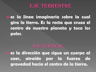Eje terrestrees la línea imaginaria sobre la cual gira la tierra. Es la recta que cruza el centro de nuestro planeta y toca los polos. Eje verticales la dirección que sigue un cuerpo al caer, atraído por la fuerza de gravedad hacia el centro de la tierra. 