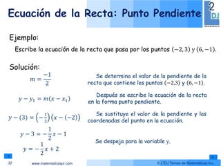 www.matematicaspr.com © L2DJ Temas de Matemáticas Inc.
Ecuación de la Recta: Punto Pendiente
32
𝑚 =
−1
2
Se determina el valor de la pendiente de la
recta que contiene los puntos −2,3 y 6, −1 .
Se sustituye el valor de la pendiente y las
coordenadas del punto en la ecuación.
Solución:
Después se escribe la ecuación de la recta
en la forma punto pendiente.
𝑦 − 𝑦1 = 𝑚 𝑥 − 𝑥1
𝑦 − (3) = −
1
2
𝑥 − −2
Ejemplo:
Escribe la ecuación de la recta que pasa por los puntos −2, 3 y 6, −1 .
Se despeja para la variable y.
𝑦 − 3 = −
1
2
𝑥 − 1
𝑦 = −
1
2
𝑥 + 2
 