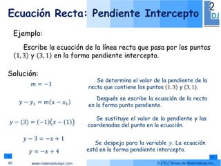 www.matematicaspr.com © L2DJ Temas de Matemáticas Inc.
Ejemplo:
Escribe la ecuación de la línea recta que pasa por los puntos
1, 3 y 3, 1 en la forma pendiente intercepto.
Ecuación Recta: Pendiente Intercepto
40
𝑚 = −1
Se determina el valor de la pendiente de la
recta que contiene los puntos 1, 3 y 3, 1 .
Se sustituye el valor de la pendiente y las
coordenadas del punto en la ecuación.
Solución:
Después se escribe la ecuación de la recta
en la forma punto pendiente.
𝑦 − 𝑦1 = 𝑚 𝑥 − 𝑥1
𝑦 − (3) = −1 𝑥 − 1
Se despeja para la variable 𝑦. La ecuación
está en la forma pendiente intercepto.
𝑦 − 3 = −𝑥 + 1
𝑦 = −𝑥 + 4
 