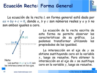 www.matematicaspr.com © L2DJ Temas de Matemáticas Inc.
Ecuación Recta: Forma General
45
La ecuación de la recta 𝐿 en forma general está dada por
𝑎𝑥 + 𝑏𝑦 + 𝑐 = 0, donde 𝑎, 𝑏 y 𝑐 son números reales y 𝑎 y 𝑏 no
son ambos iguales a cero.
La ecuación de la recta escrita de
esta forma no permite observar las
características de su gráfica. La
podemos transformar utilizando las
propiedades de las igualdad.
La intersección en el eje de 𝑦 se
obtiene sustituyendo cero en la variable
𝑥, luego se resuelve. Para obtener la
intersección en el eje de 𝑥 se sustituye
cero en la variable 𝑦, luego se resuelve.
(𝒙, 𝟎)
(𝟎, 𝒚)
Nota:
Los puntos 0, 𝑦 y 𝑥, 0 son
las intersecciones en los ejes.
 