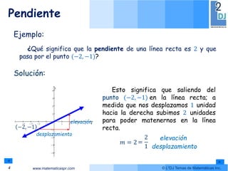 www.matematicaspr.com © L2DJ Temas de Matemáticas Inc.
Pendiente
4
Ejemplo:
¿Qué significa que la pendiente de una línea recta es 2 y que
pasa por el punto (−2, −1)?
Solución:
Esto significa que saliendo del
punto (−2, −1) en la línea recta; a
medida que nos desplazamos 1 unidad
hacia la derecha subimos 2 unidades
para poder matenernos en la línea
recta.
𝑚 = 2=
2
1
elevación
desplazamiento
-4 -3 -2 -1 1 2 3 4
-4
-3
-2
-1
1
2
3
4
x
y
−2, −1
desplazamiento
elevación
 