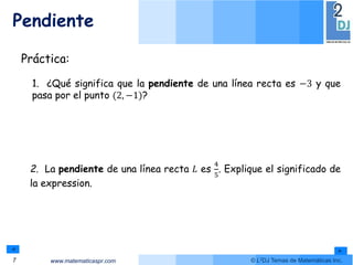 www.matematicaspr.com © L2DJ Temas de Matemáticas Inc.
Pendiente
7
Práctica:
1. ¿Qué significa que la pendiente de una línea recta es −3 y que
pasa por el punto (2, −1)?
2. La pendiente de una línea recta 𝐿 es
4
5
. Explique el significado de
la expression.
 