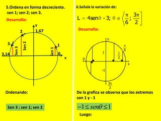5.Ordena en forma decreciente.
sen 1; sen 2; sen 3.
Desarrollo:
x
y
1,67
3,14 0
1
2
3
Sen1
Sen2
Sen3
Ordenando:
Sen 3 ; sen 1; sen 2
6.Señale la variación de:
2
3
;
6
3;-sen4L
Desarrollo:
y
x
3
2
-1
1
0
6
1
2
De la grafica se observa que los extremos
son 1 y - 1
1 1sen
Luego:
 