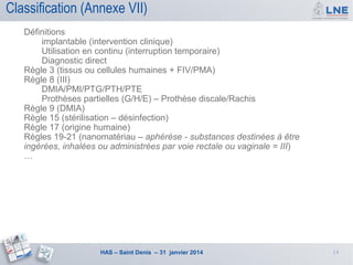 Classification (Annexe VII)
Définitions
implantable (intervention clinique)
Utilisation en continu (interruption temporaire)
Diagnostic direct
Règle 3 (tissus ou cellules humaines + FIV/PMA)
Règle 8 (III)
DMIA/PMI/PTG/PTH/PTE
Prothèses partielles (G/H/E) – Prothèse discale/Rachis
Règle 9 (DMIA)
Règle 15 (stérilisation – désinfection)
Règle 17 (origine humaine)
Règles 19-21 (nanomatériau – aphérèse - substances destinées à être
ingérées, inhalées ou administrées par voie rectale ou vaginale = III)
…

HAS – Saint Denis – 31 janvier 2014

14

 