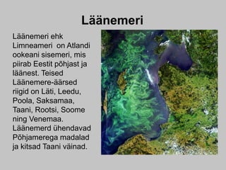 Läänemeri
Läänemeri ehk
Limneameri on Atlandi
ookeani sisemeri, mis
piirab Eestit põhjast ja
läänest. Teised
Läänemere-äärsed
riigid on Läti, Leedu,
Poola, Saksamaa,
Taani, Rootsi, Soome
ning Venemaa.
Läänemerd ühendavad
Põhjamerega madalad
ja kitsad Taani väinad.
 